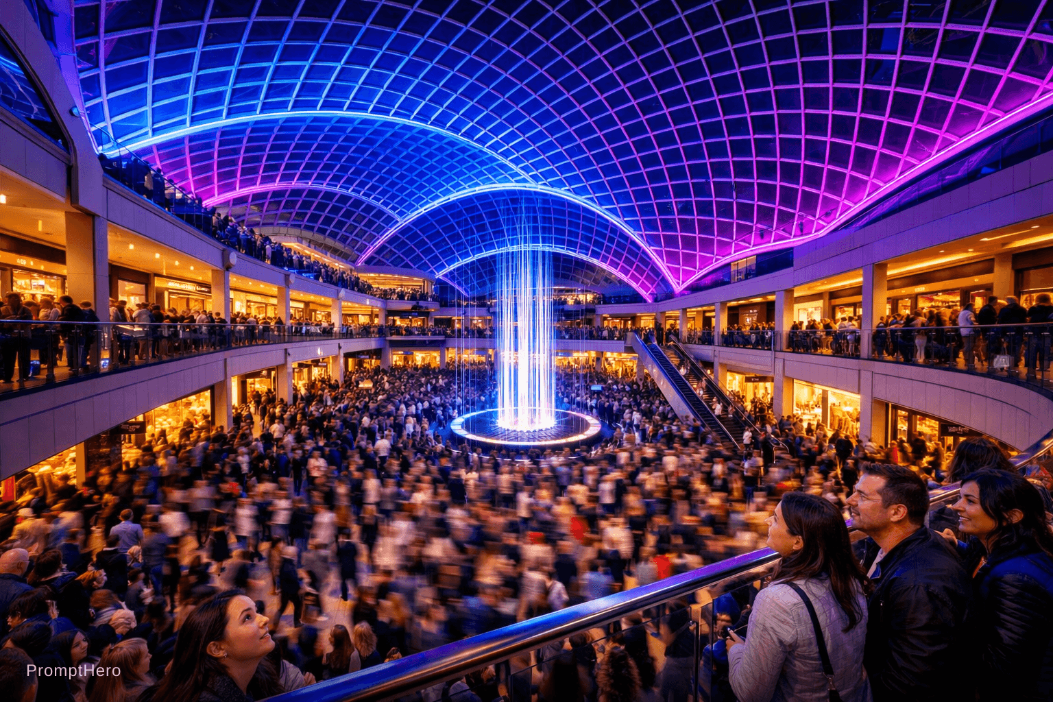 AI generated: A wide elevated interior shot of Trinity Leeds shopping centre at its most crowded, the vast glass b...