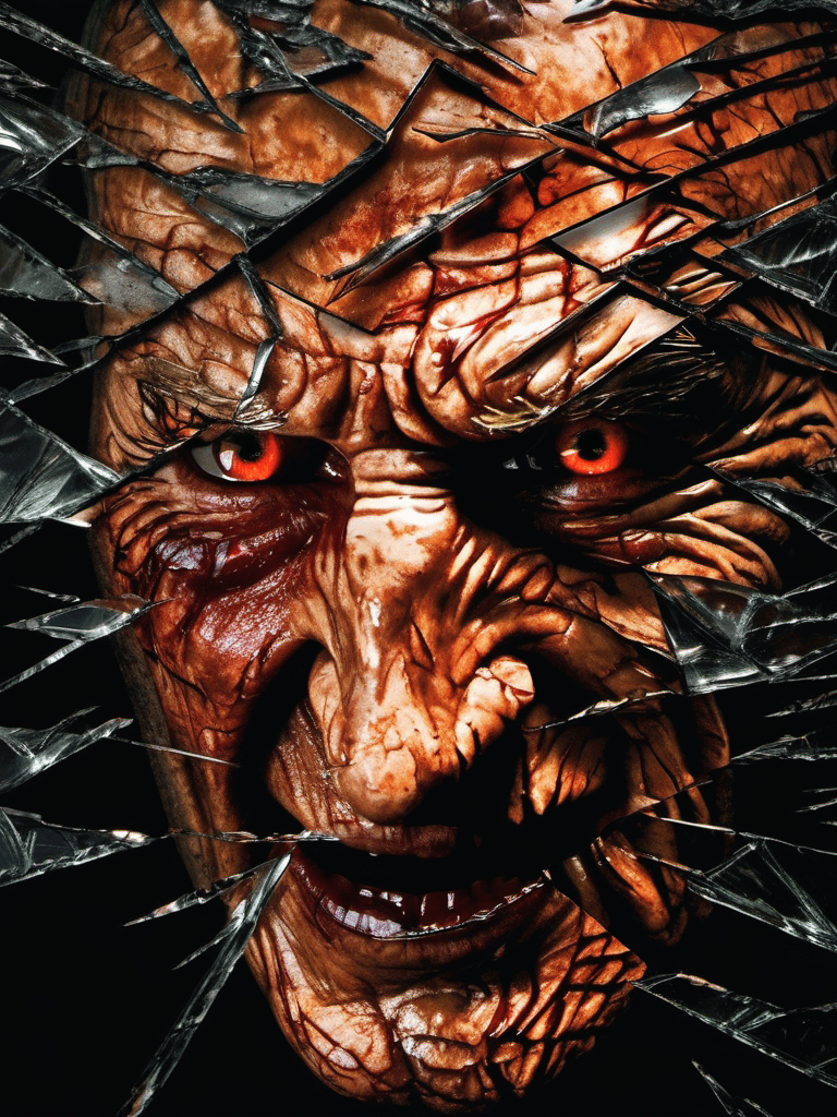 AI generated: a shattered mirror reflects fragmented images, victim's horrified face is superimposed with (Freddy ...