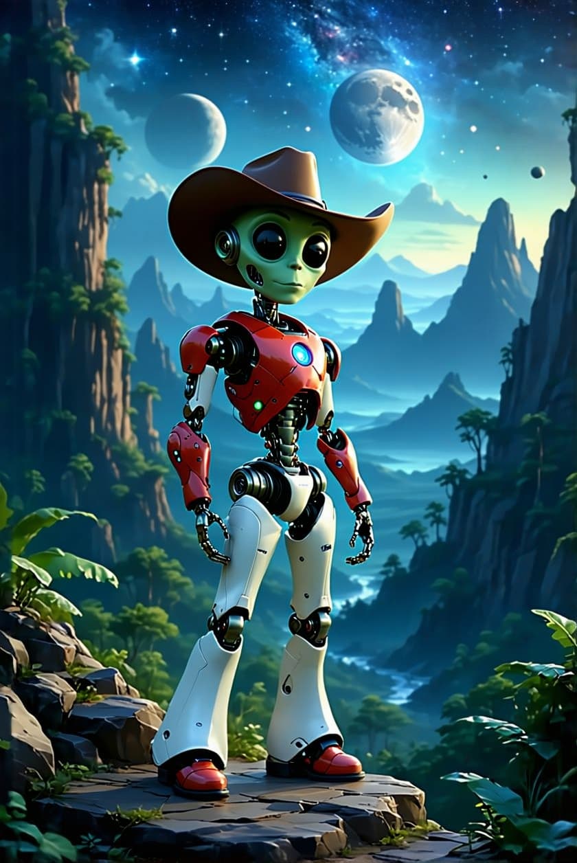 AI generated: Create a 3D caricature of a comical cartoon featuring a cyborg, depicted as a space outlaw. The cybo...