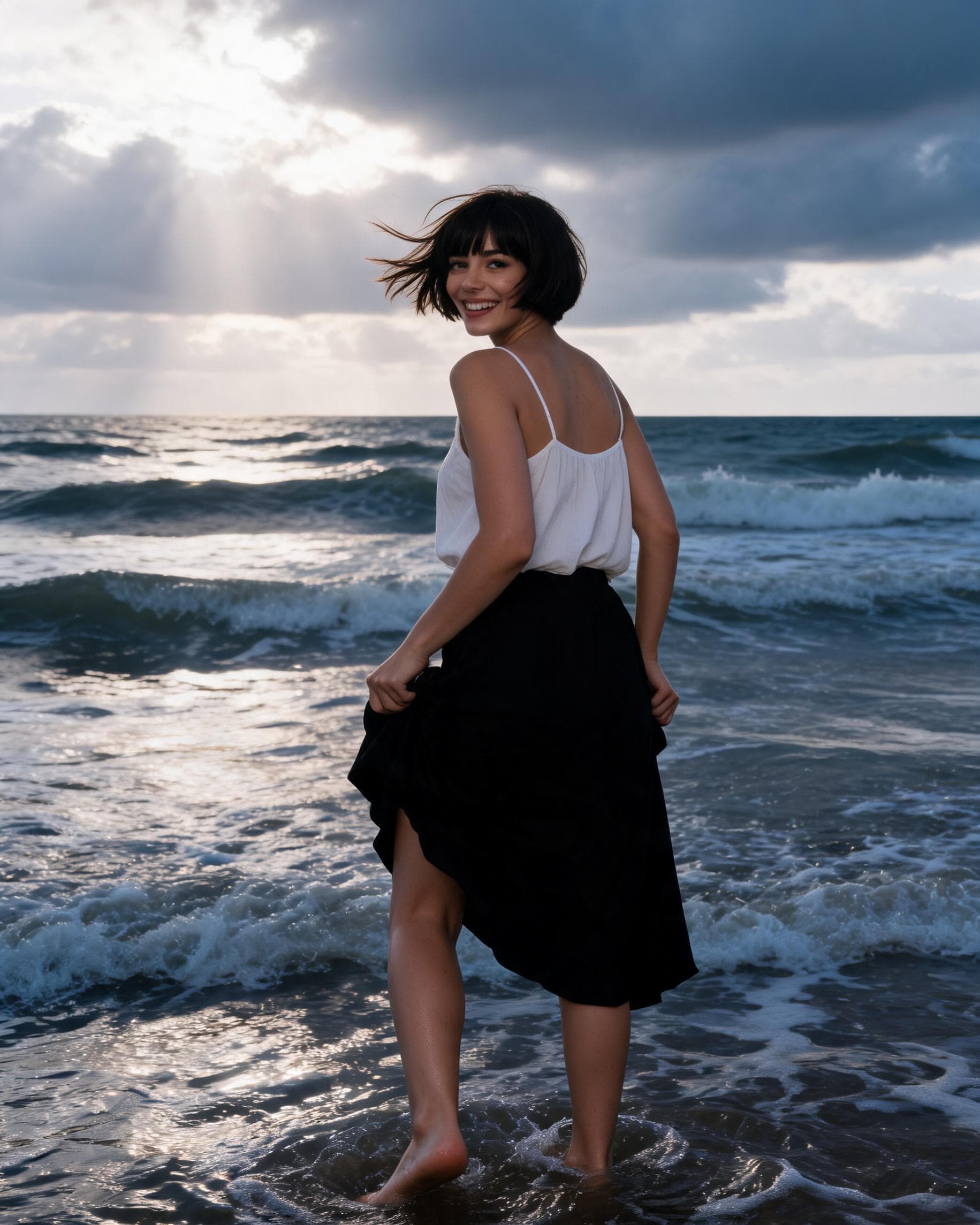 AI generated: a beach with rough surf on a cloudy day, light shining through the clouds and reflecting off the wat...