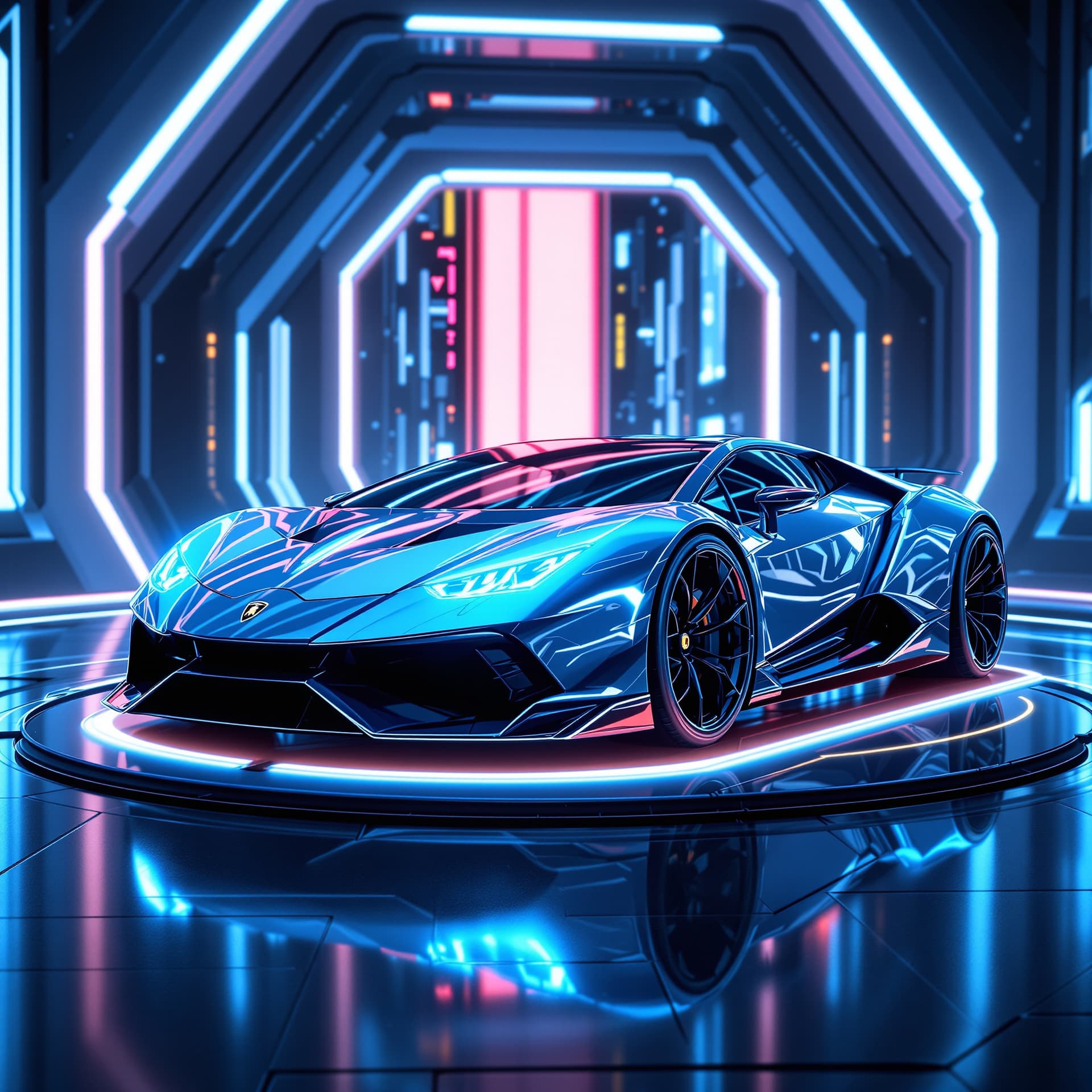 AI generated: sleek shiny silver blue metallic futuristic lamborghini sports car with led glowing headlights refle...