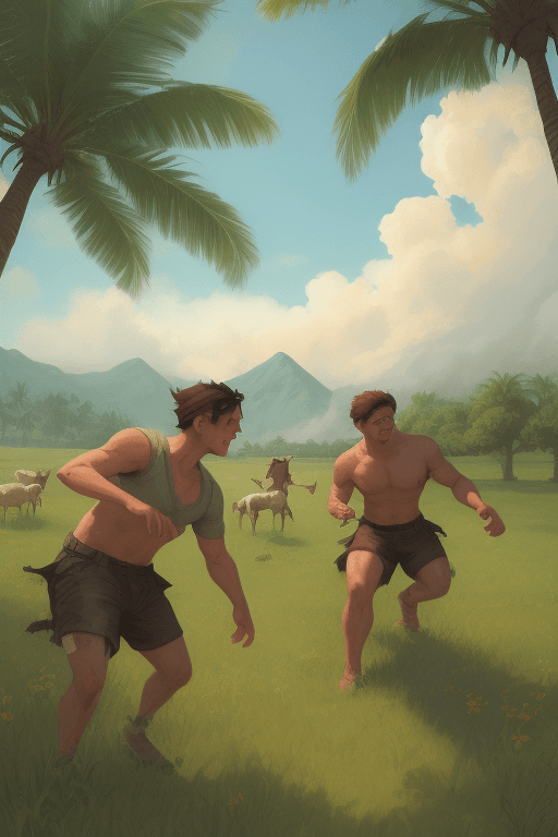 AI generated: two prehistoric males playing on a meadow, cows around, sunny, tropical, Lois van Baarle