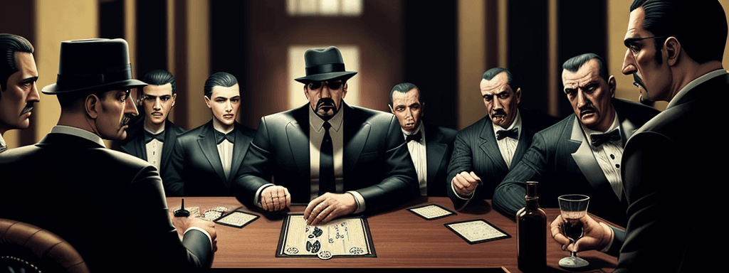 AI generated: real person, table,mafia game,talking,one woman,8 man , god
father
