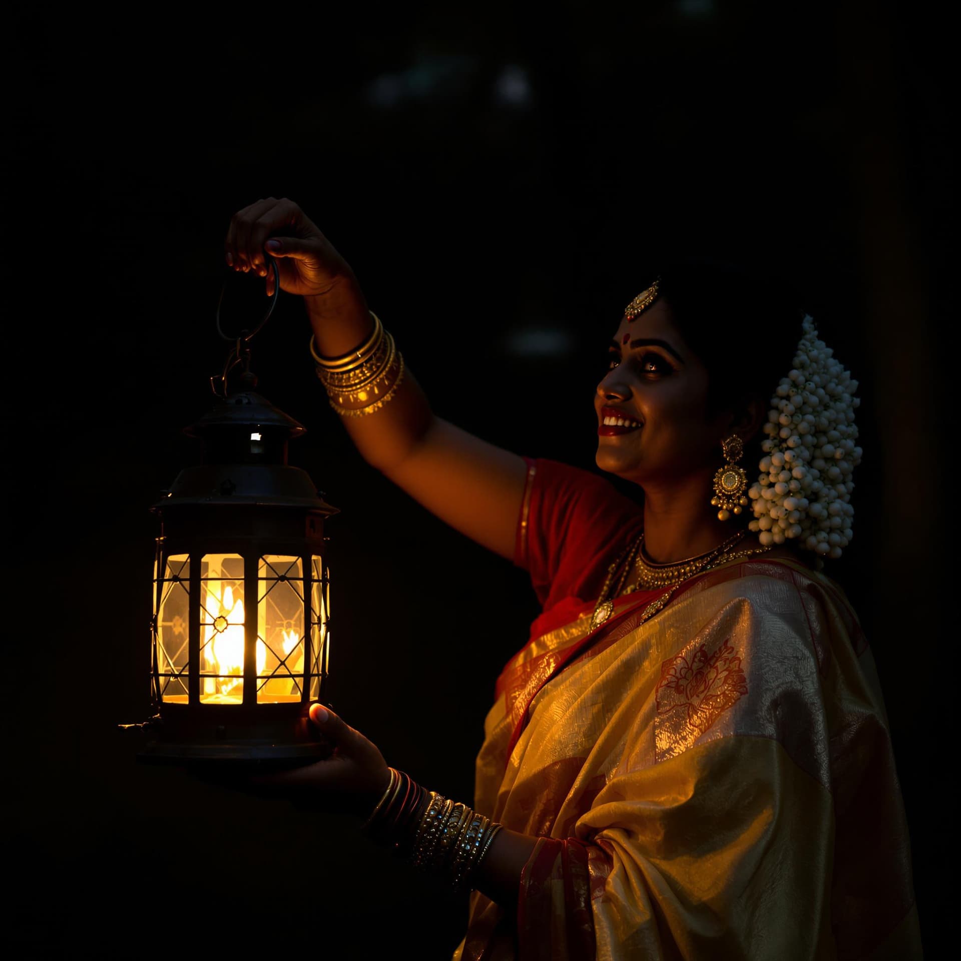 AI generated: a photo of Indian woman in traditional kerala saree and blose holding an old lantern, dark forest ba...