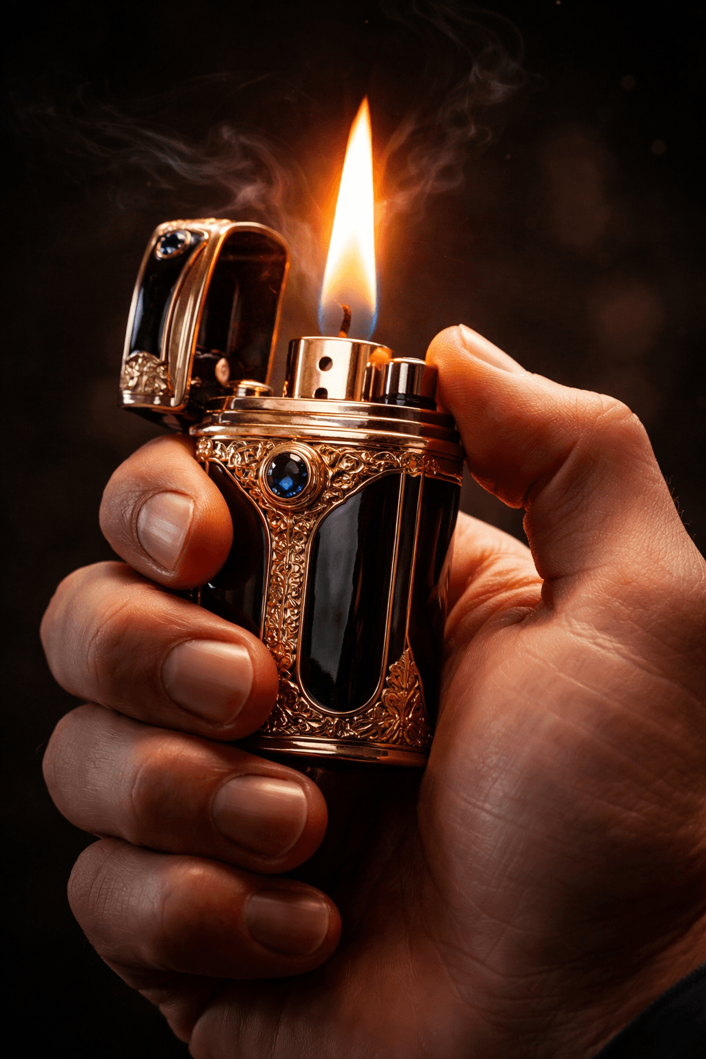 AI generated: Create a hyper-realistic, cinematic close-up shot of a human hand holding a luxurious royal lighter....