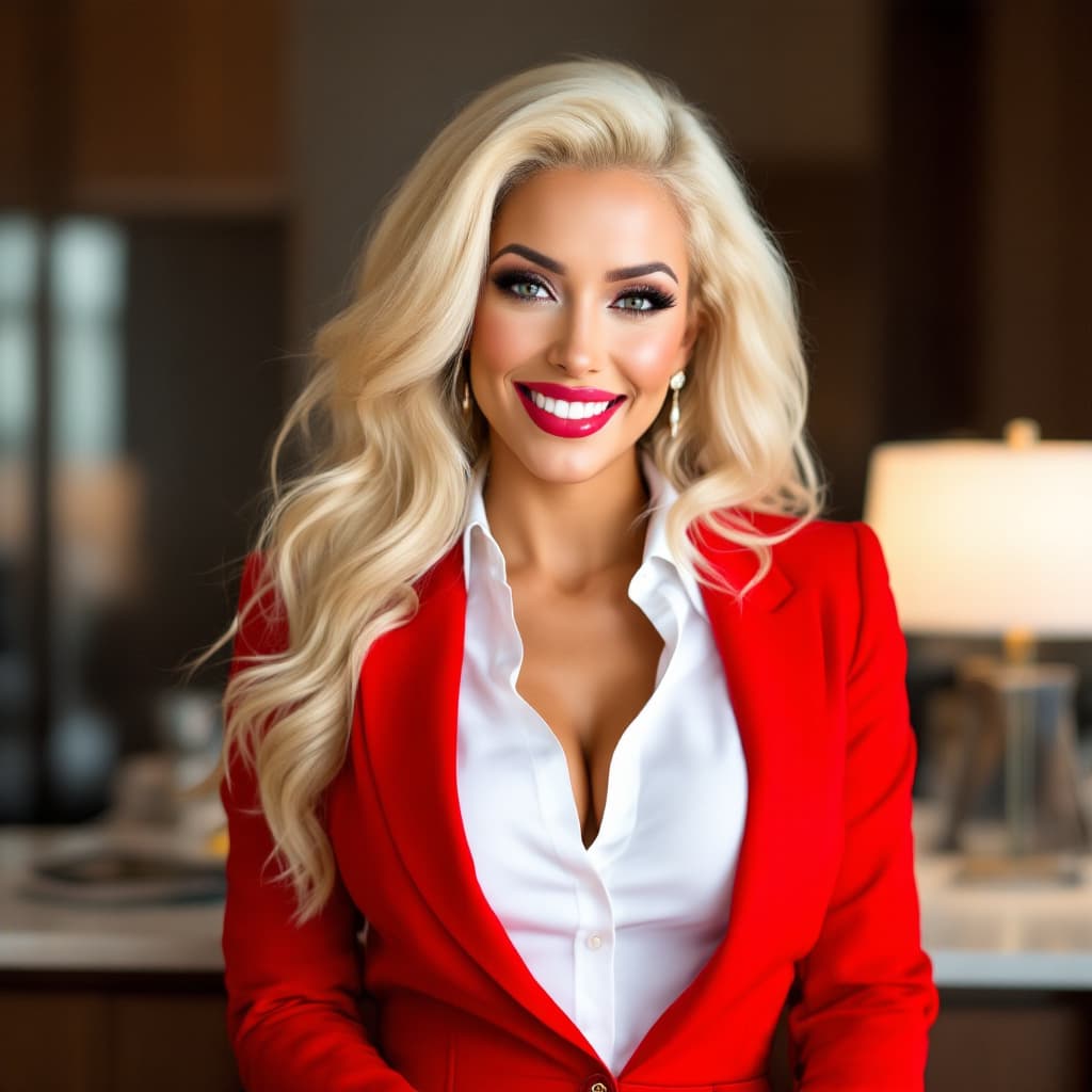 AI generated: Nicolette Shea wearing an office outfit and smiling for a photo 