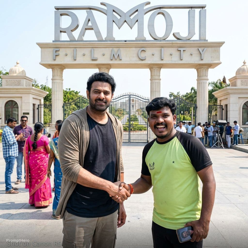 AI generated: Create an image using prompt hero with my favorite hero prabhas at ramoji film City of Hyderabad 