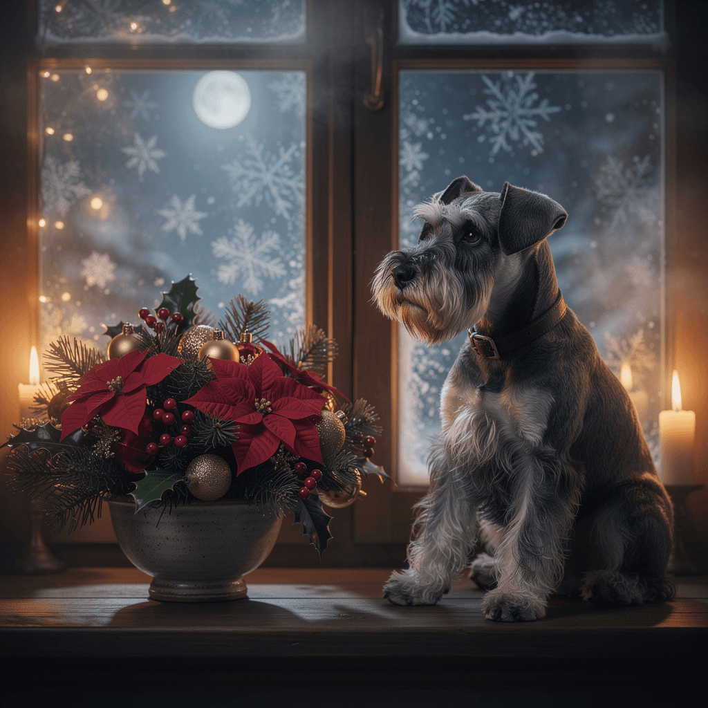 AI generated: beautiful christmas decorated window,on the windowsill is a beautiful christmas bouquet in bowl,next...