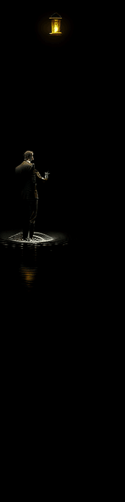 AI generated: A man in a suit, holding an broken BROKEN BROKEN bad kerosene lamp in his hand, searching for his wa...