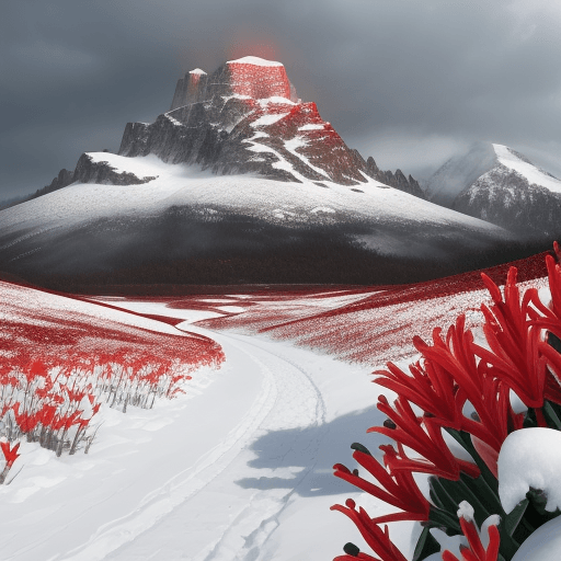 AI generated: Snow scenery, Snow road, blooming red lilies, two crumbled black towers in the distance, cloudy