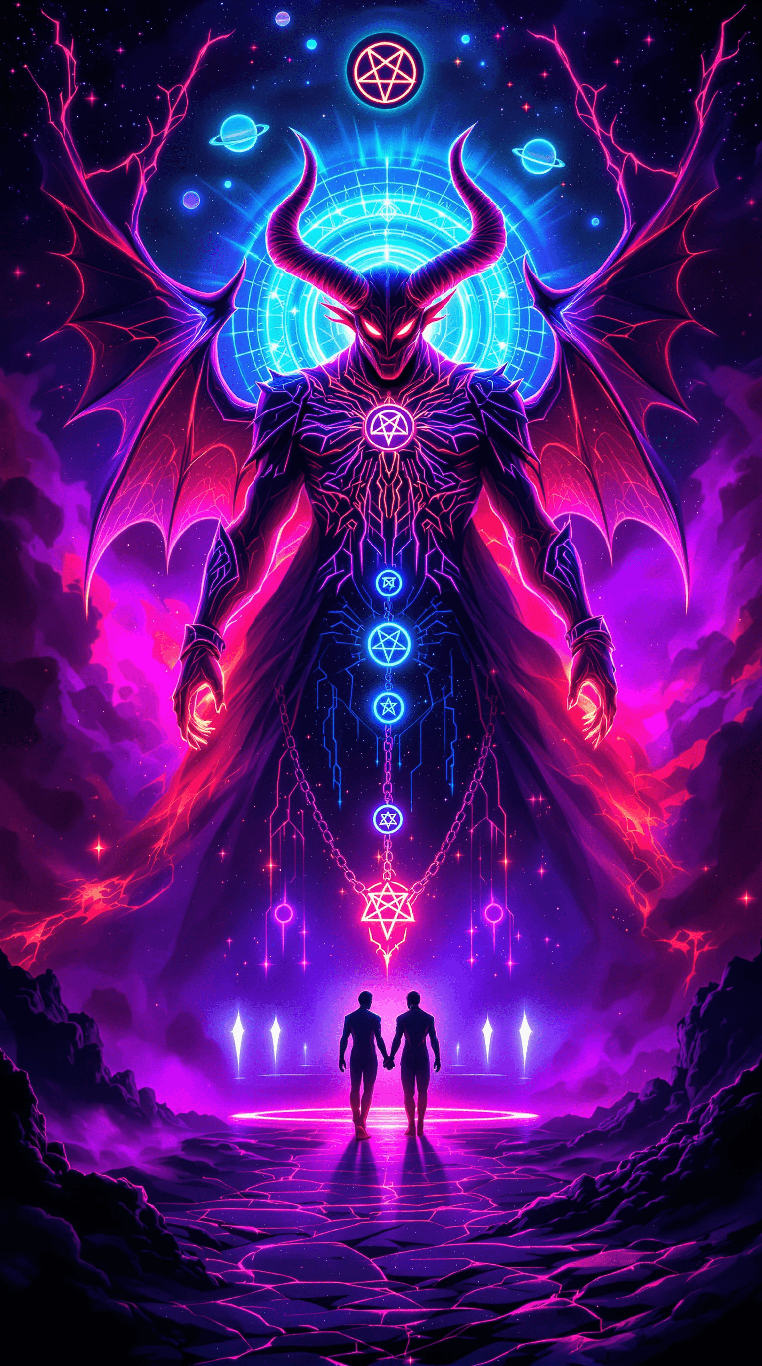 AI generated: “The Devil’s Neon Dominion” – A towering, horned figure emerges from a swirling neon abyss, his form...