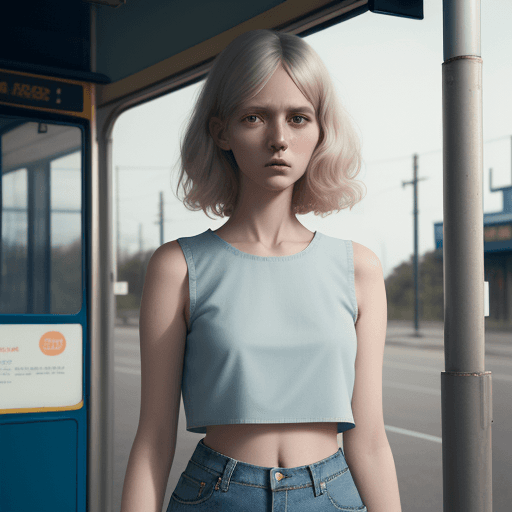 AI generated: a woman wearing a cropped top and jeans standing in front of the bus stop, in the style of Oleg Opri...