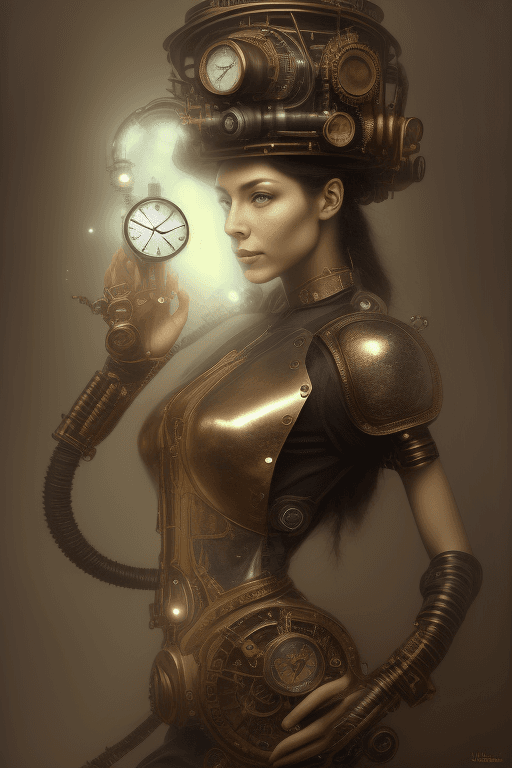 AI generated: time machine, haze, a woman in a steampunk outfit and a helmet on her head stands out of the time ma...