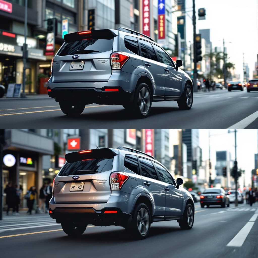 AI generated: a 4k detailed two image of a Subaru forester 2010 model on streets of busy city, wide angle camera s...