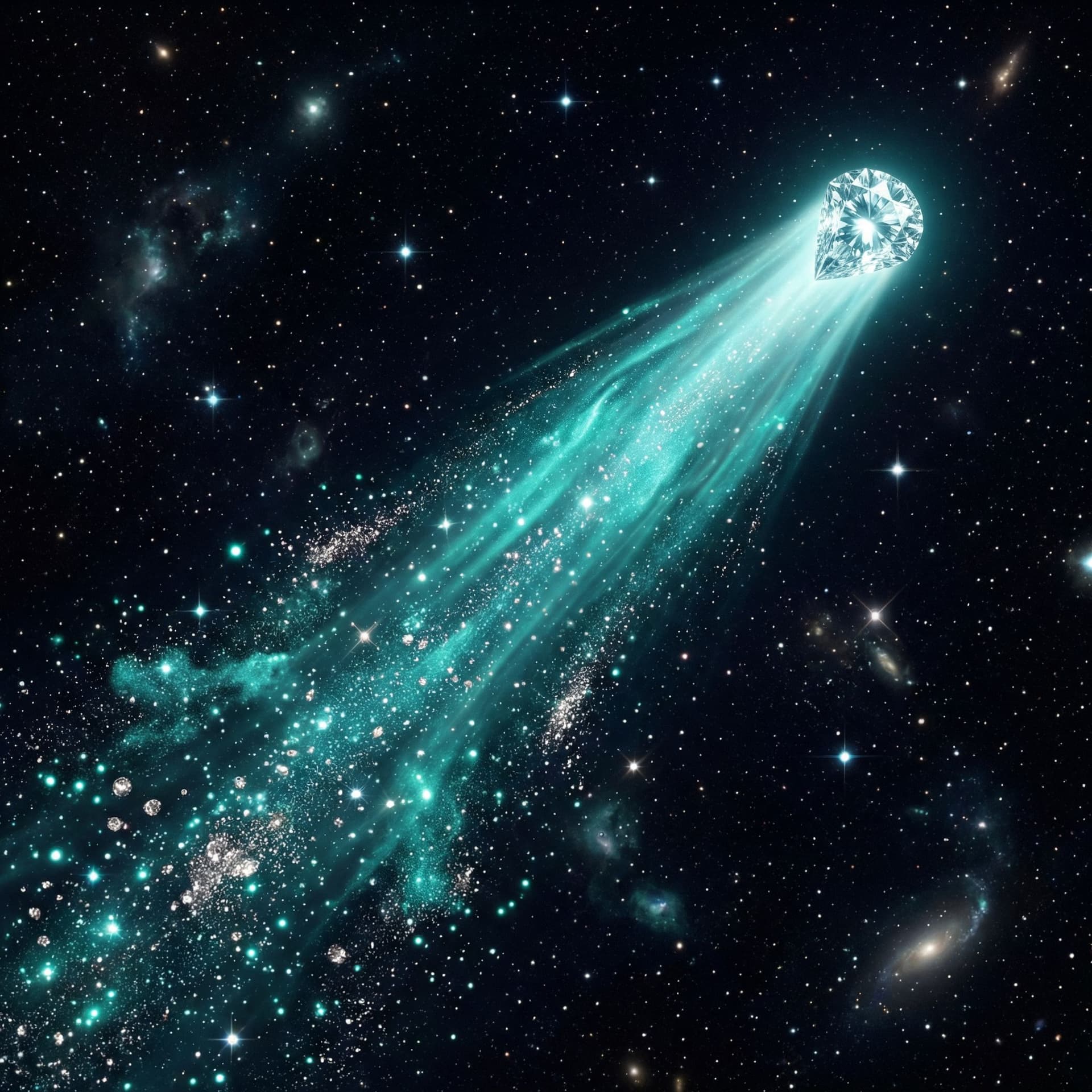 AI generated: a diamond comet with a long Teal tail with teal and silver sparkles sprinkling off of it in the dark...
