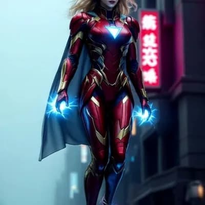 AI generated video: Hero figure hovering with glowing energy surging around while neon signs flicker in the background, ...