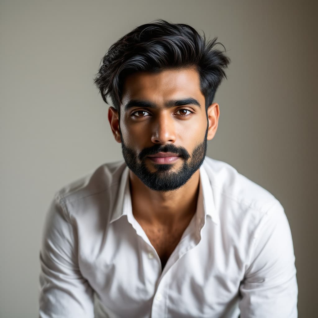 AI generated: Portrait of a 29-year-old South Asian man, warm brown skin, side-parted medium-length black hair, st...