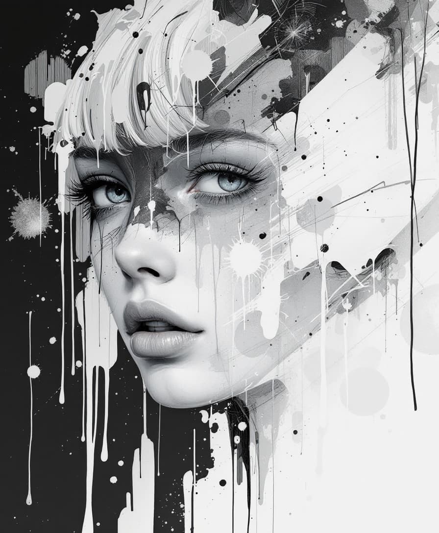 AI generated: An abstract female portrait with paint splashes, in the style of Ralph Steadman, with a digital art ...