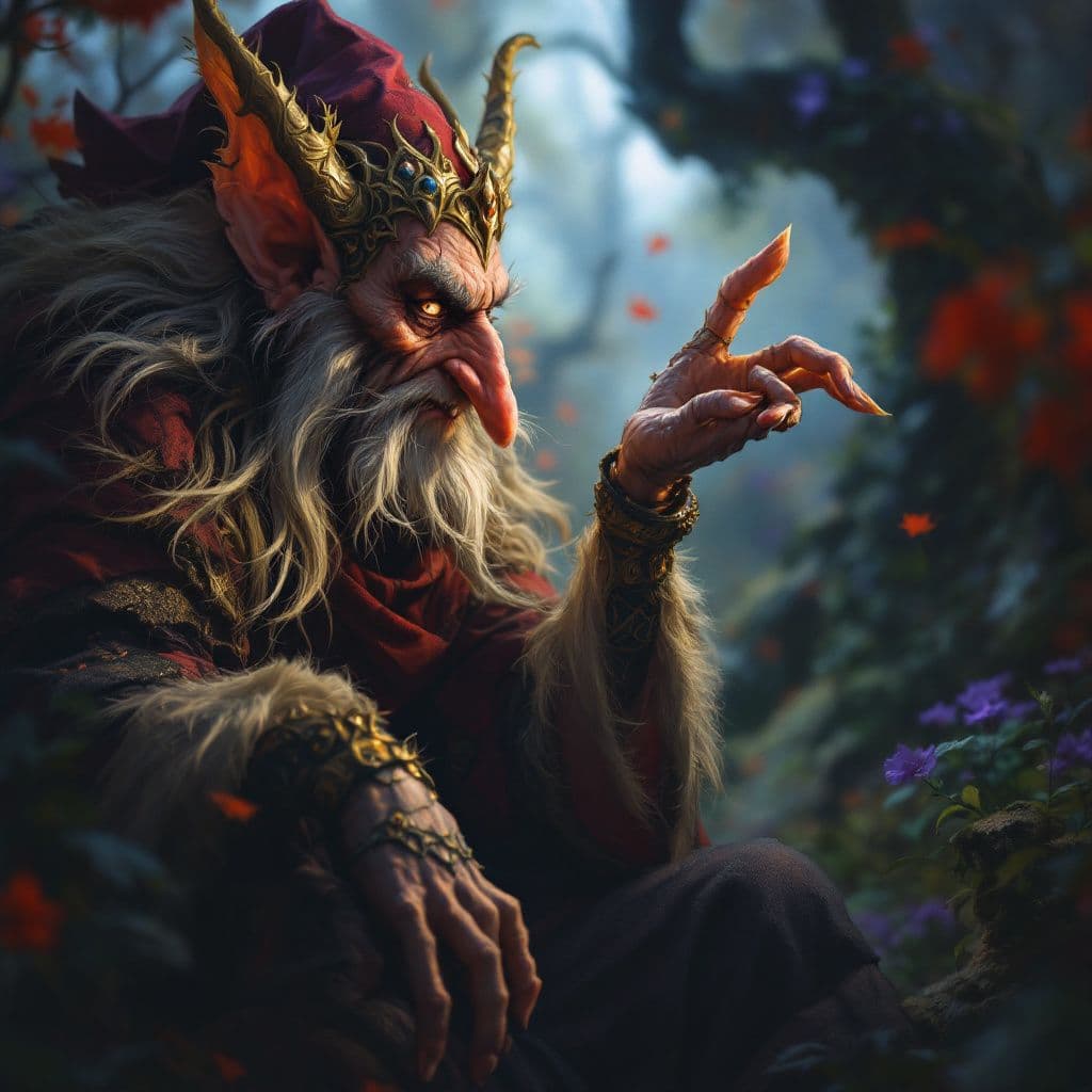 AI generated: A portrait of a folklore character, such as a sly trickster or a benevolent spirit. The style is rem...