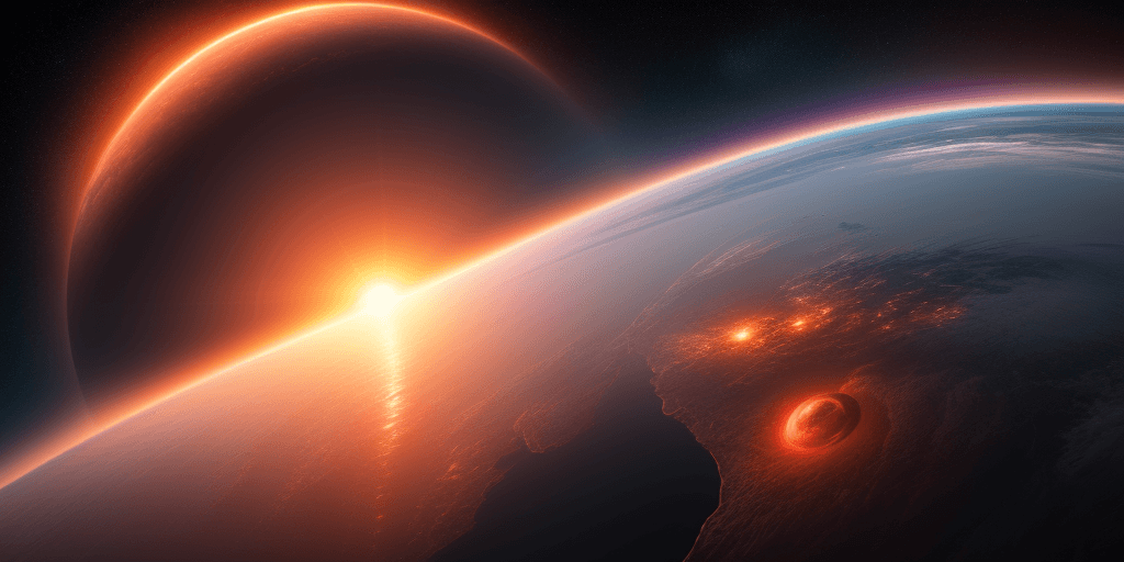 AI generated: Whole planet coming up over the horizon like a sunrise, distant constellations, HD 4K HDR space skyl...