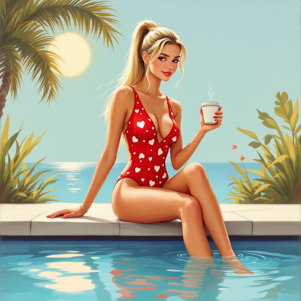 AI generated: Cute painting of a woman sitting by the pool and dipping her feet in the water. She is wearing a cut...