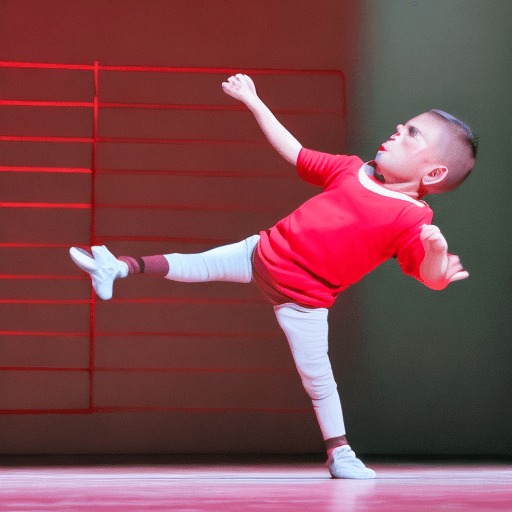 AI generated: Niño haciendo gimnasia ritmica, en el teatro fondo rojo