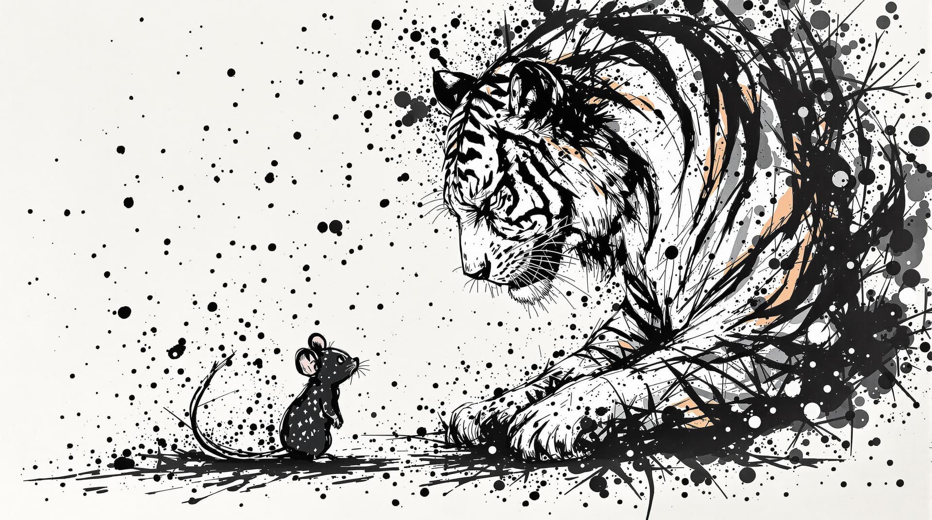 AI generated: a mouse standing around a tiger ,the tiger and the mouse are same sized,detailed,ink style,Ink splas...