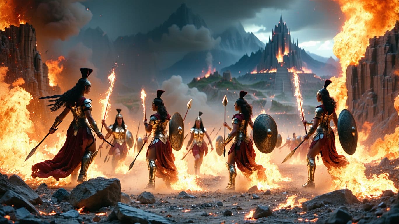 AI generated: Amazon women fighting hades, to save mankind from destruction from the corrupt god of the underworld...