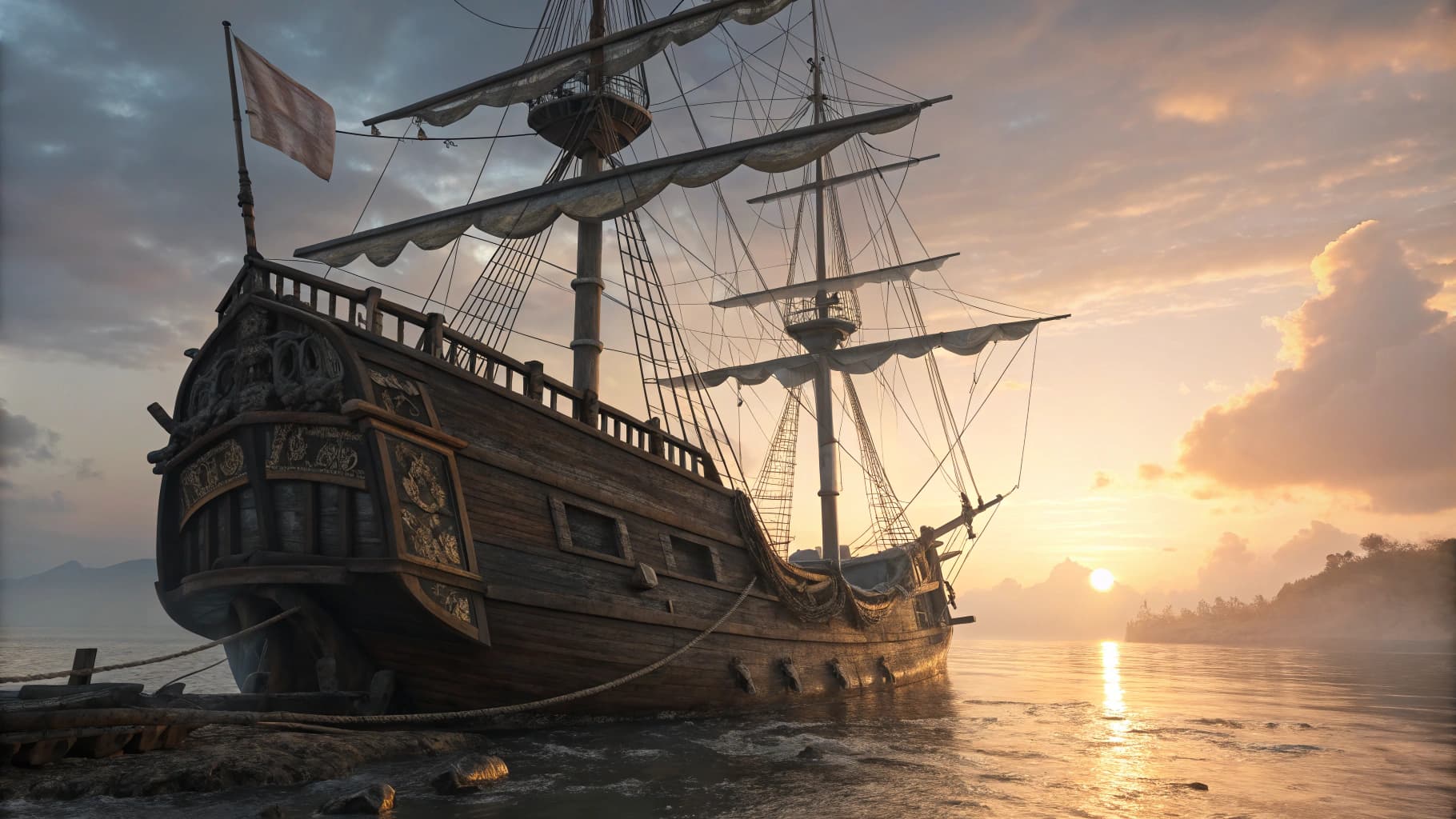 AI generated: Photo of a ultra realistic sailing ship, dramatic light, pale sunrise, cinematic lighting, battered,...