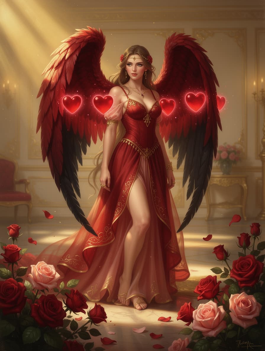 AI generated: A stunning, beautiful woman, a romantic goddess figure, with large, dramatic red and black feathered...