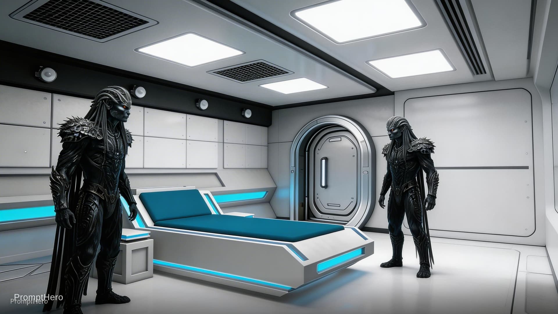 AI generated: Sci-Fi Scene. Show two male characters in reference image one, searching the empty room of reference...