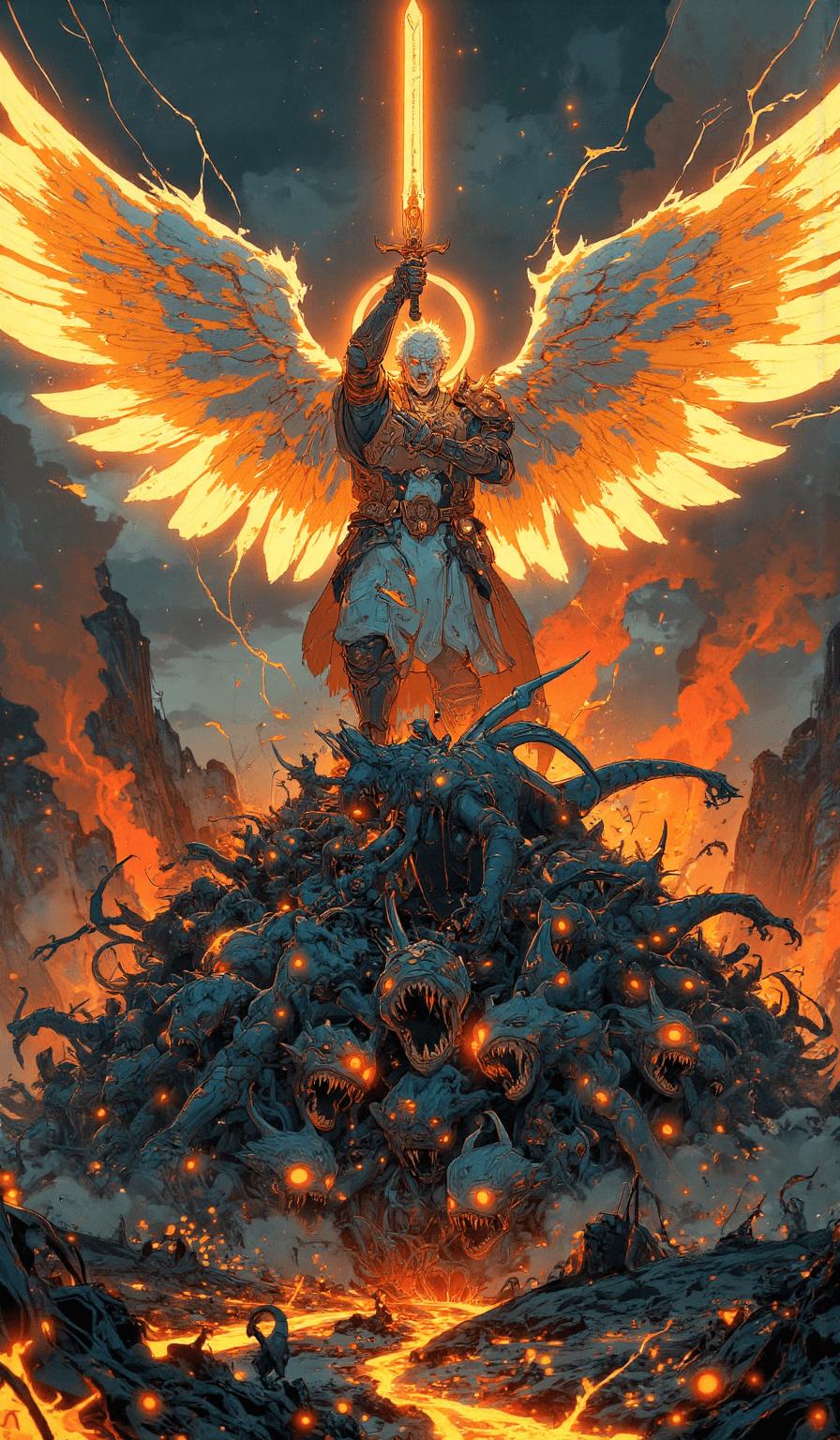 AI generated: An epic, gritty scene (1.8) in the style of Makoto Shinkai (1.6), showcasing an archangel ascending ...