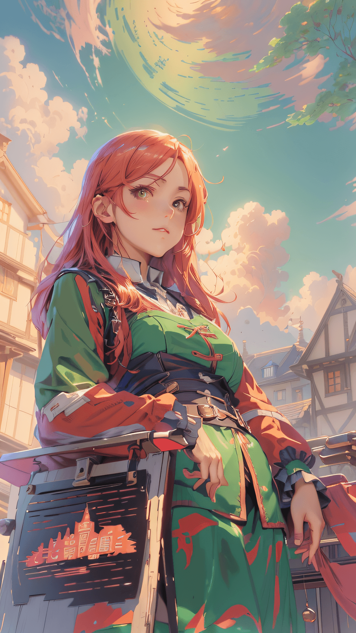 AI generated: anime girl in red and green outfit standing on a balcony, official art, anime visual of a young woma...