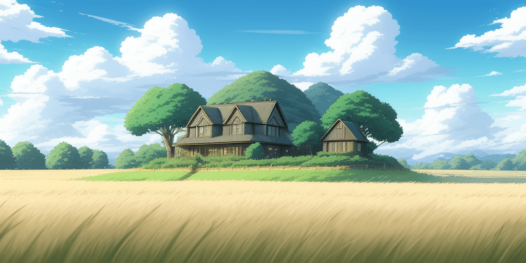 AI generated: A beautiful anime grass field landscape inspire form your name anime,house,luffu clouds,high details
