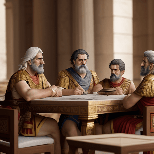 AI generated: ancient macedonian generals pondering their war strategy sitting on a table, tense environment, they...