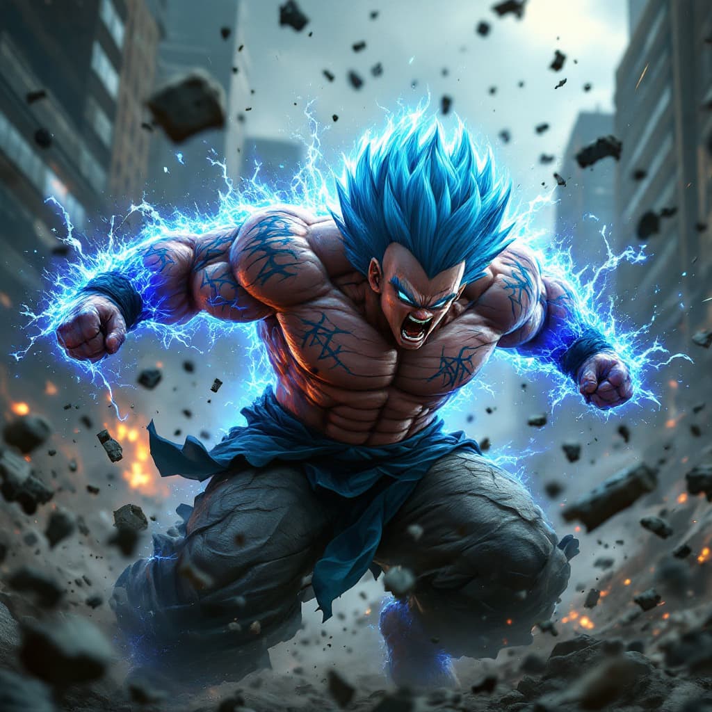 AI generated: realistic style, Majin Buu fighting at war, raging, blue hair, character design, body is adorned wit...