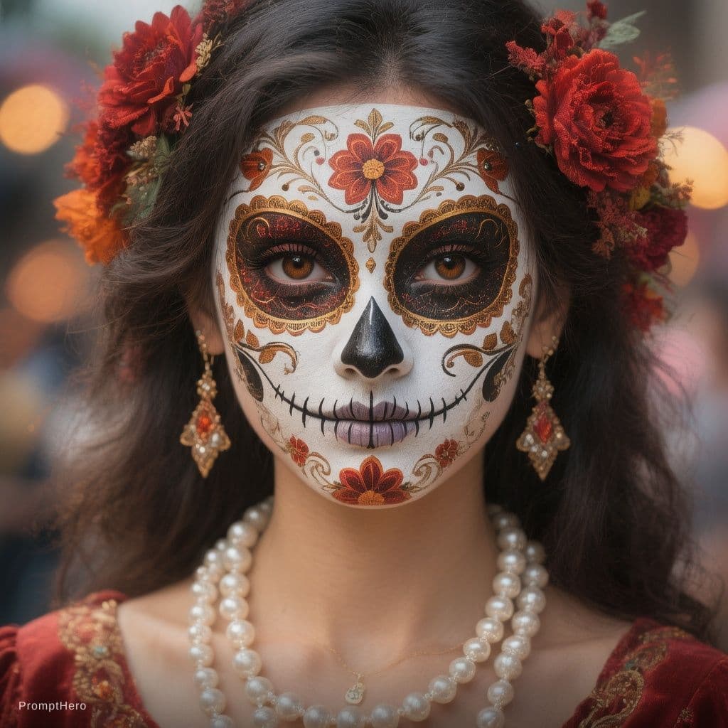 AI generated: Beautiful Raven Haired Woman wearing a beautiful day of the dead mask on with a beautiful pearl neck...