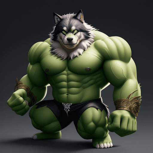 AI generated: Puppy wolf with hulk costume, elegant computer geek, chibi and real style, masterpiece, realistic ph...