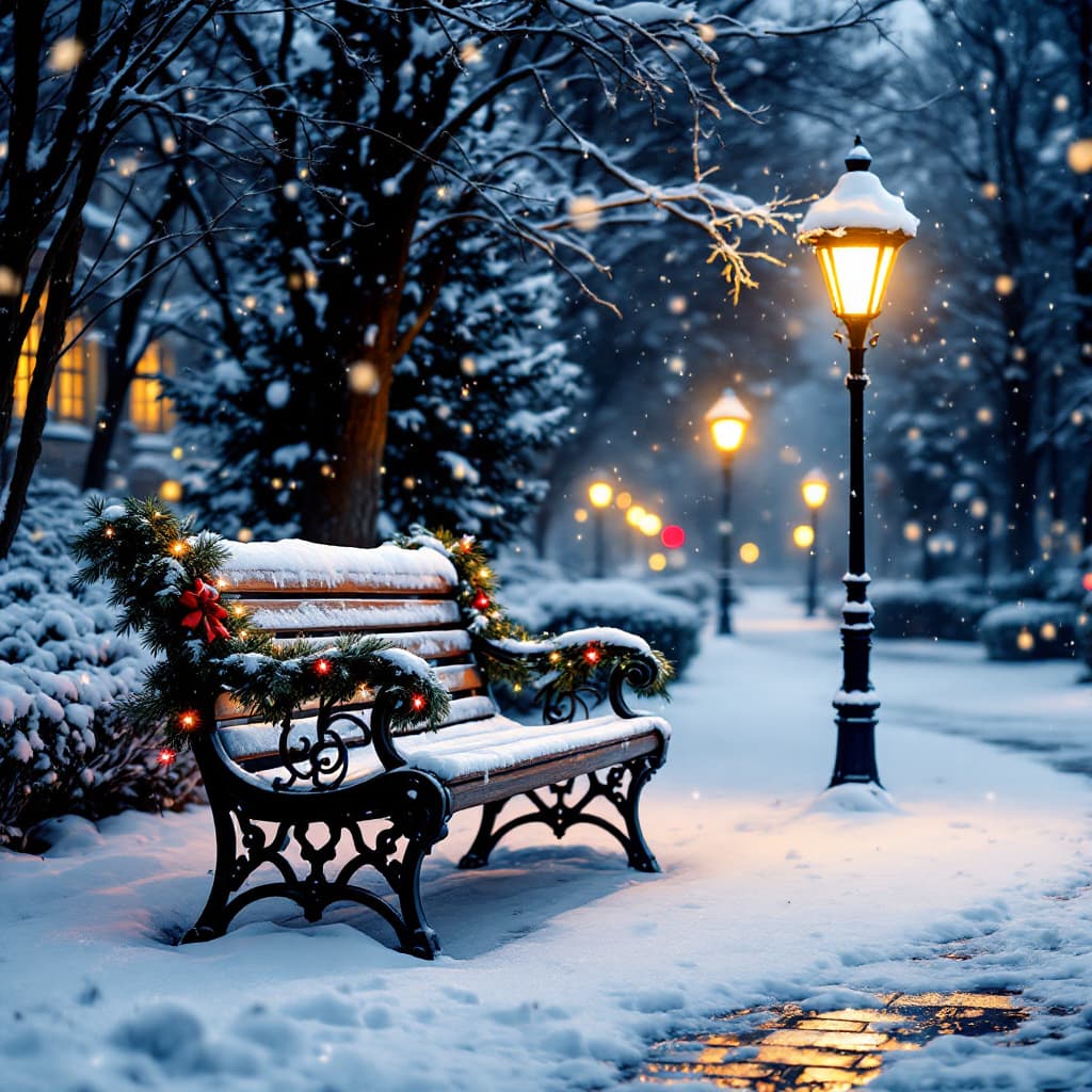AI generated: Christmas bench, with street lamp illuminating, in park, while snow falls, cover, detailed 4k, the b...