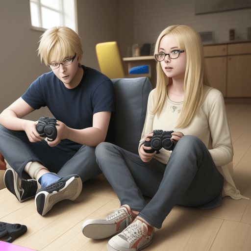 AI generated: A guy with blond hair and a girl with glasses are sitting on the floor and playing playstation