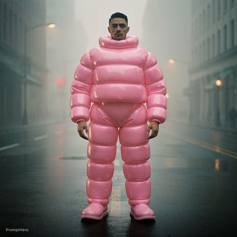 AI generated: Photographie de mode, mannequin homme en pied, vue de face centrale, portant un costume oversize en ...