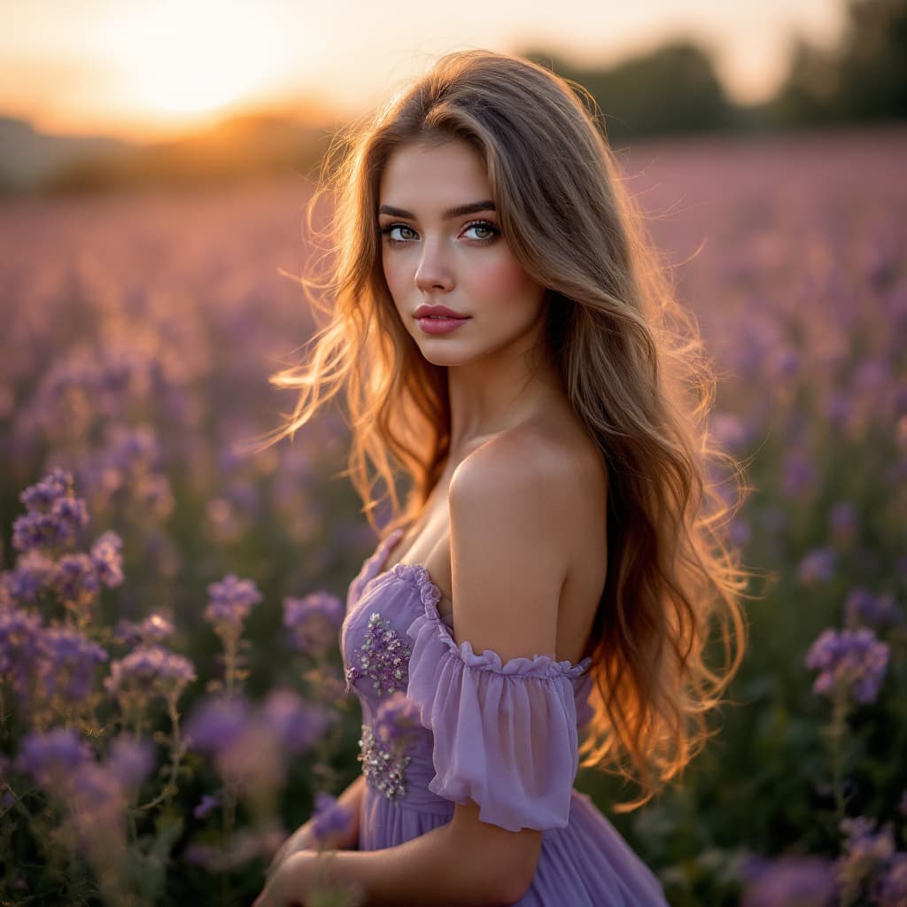 AI generated: A beautiful girl in a lavender dress, in the middle of a field full of purple flowers, with sunset l...