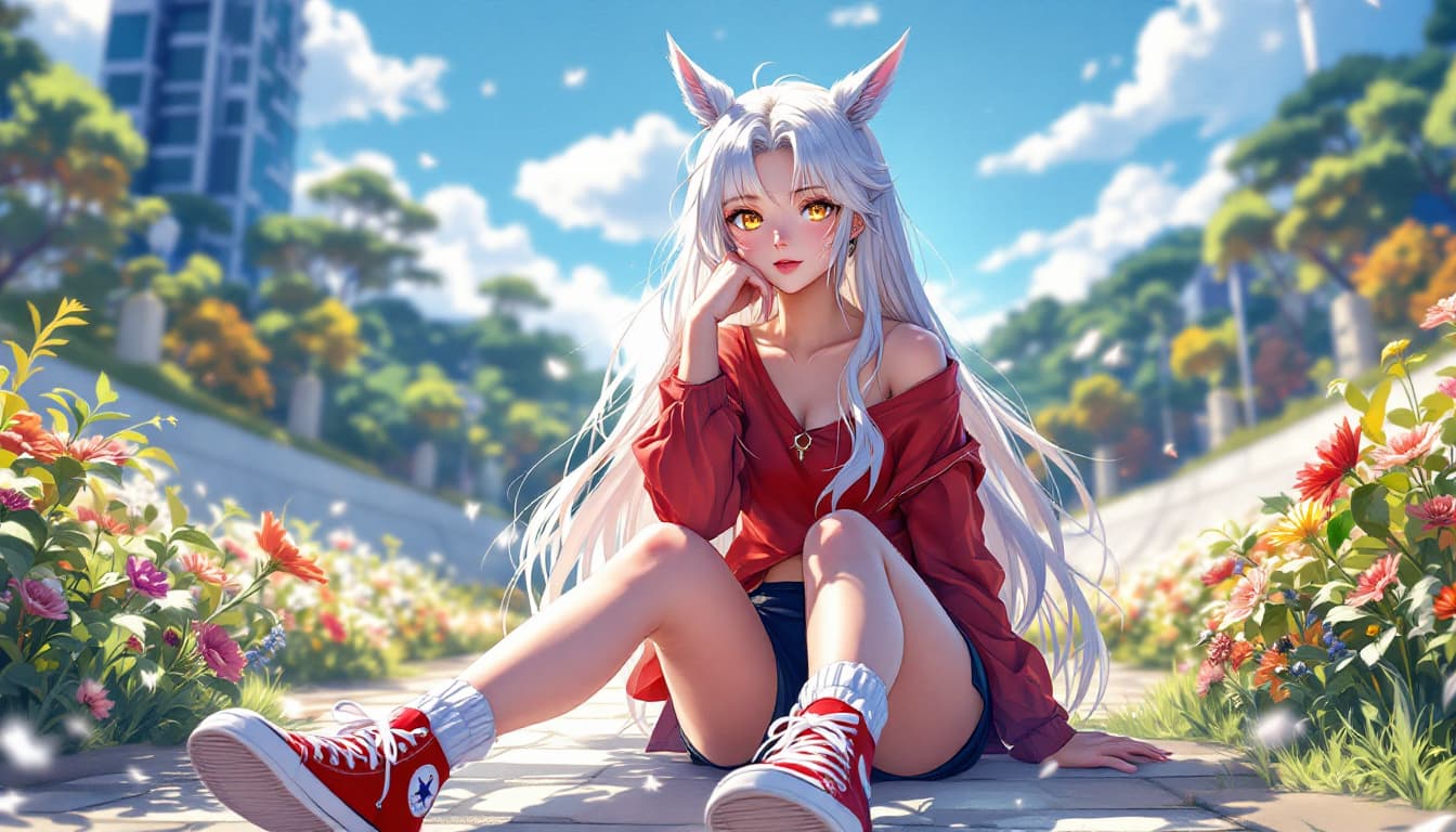 AI generated: high quality, 1lady, 25 years old, gold eyes, long white hair, fade, outdoors, red-top, black short-...
