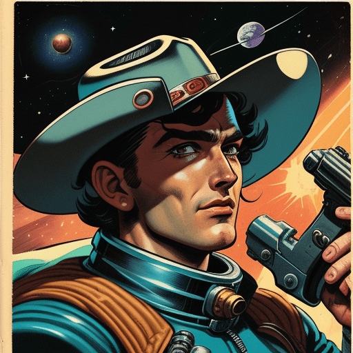 AI generated: Space outlaw with cowboy hat and space revolver in gritty 1950s comic art close up
