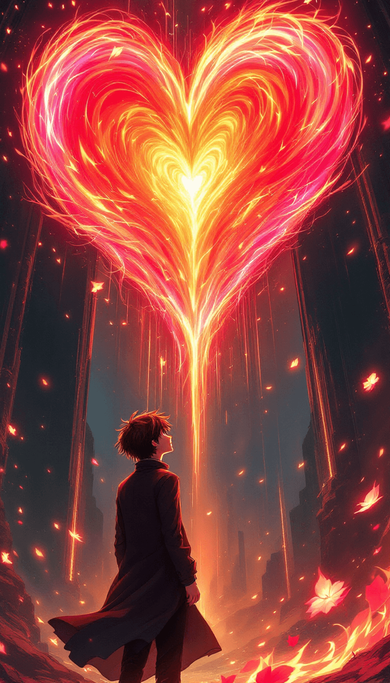 AI generated: A breathtaking anime-style illustration featuring a young male protagonist standing before a massive...