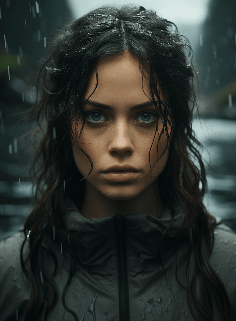 AI generated: a young woman with long dark hair in front of her face, in the style of sony alpha a7 iii, symmetric...