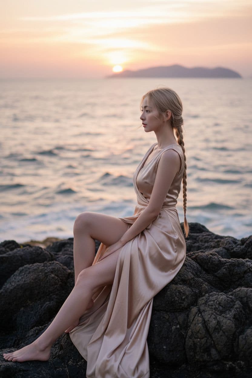AI generated: short elegant Chinese lady 25 old with round buttocks sitting sideways on coastal rocks at sunset, w...