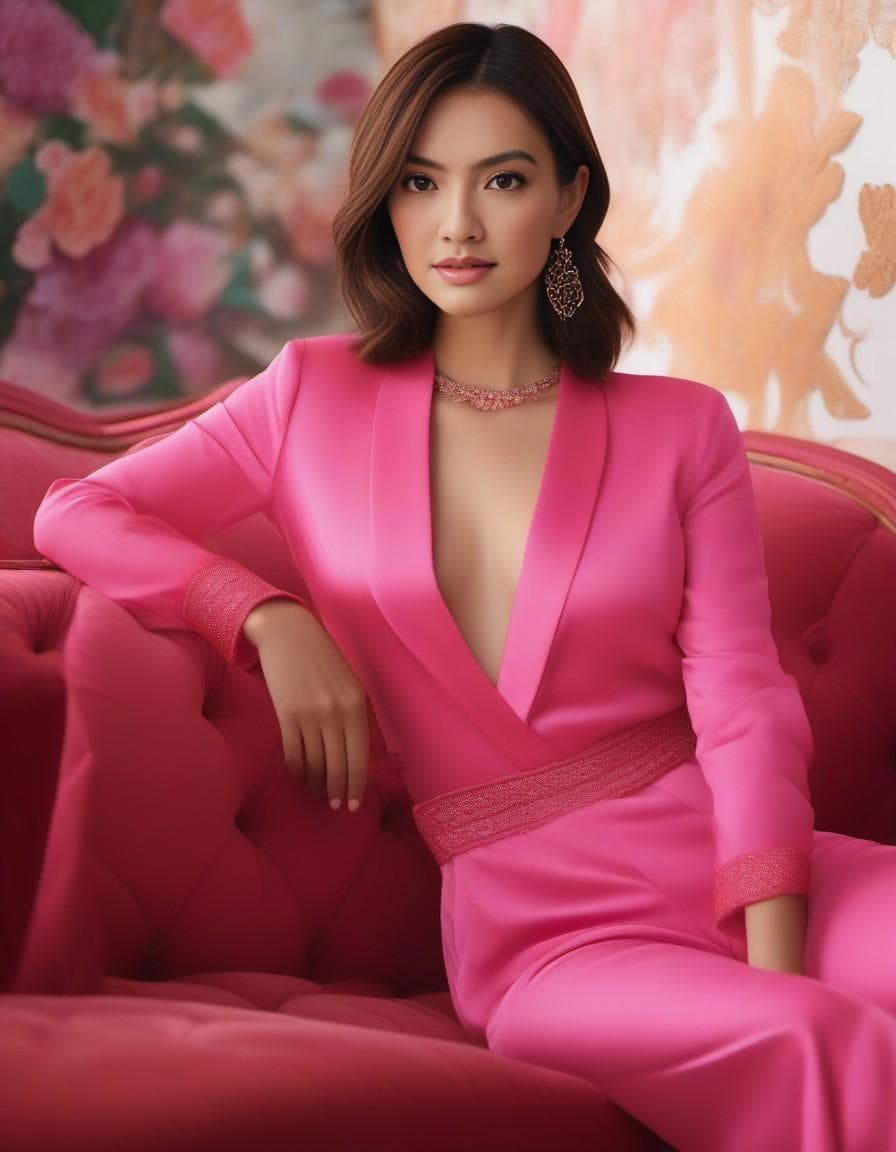 AI generated: a woman is sitting in a pink, plunging red evening romper on a couch, in the style of opacity and tr...