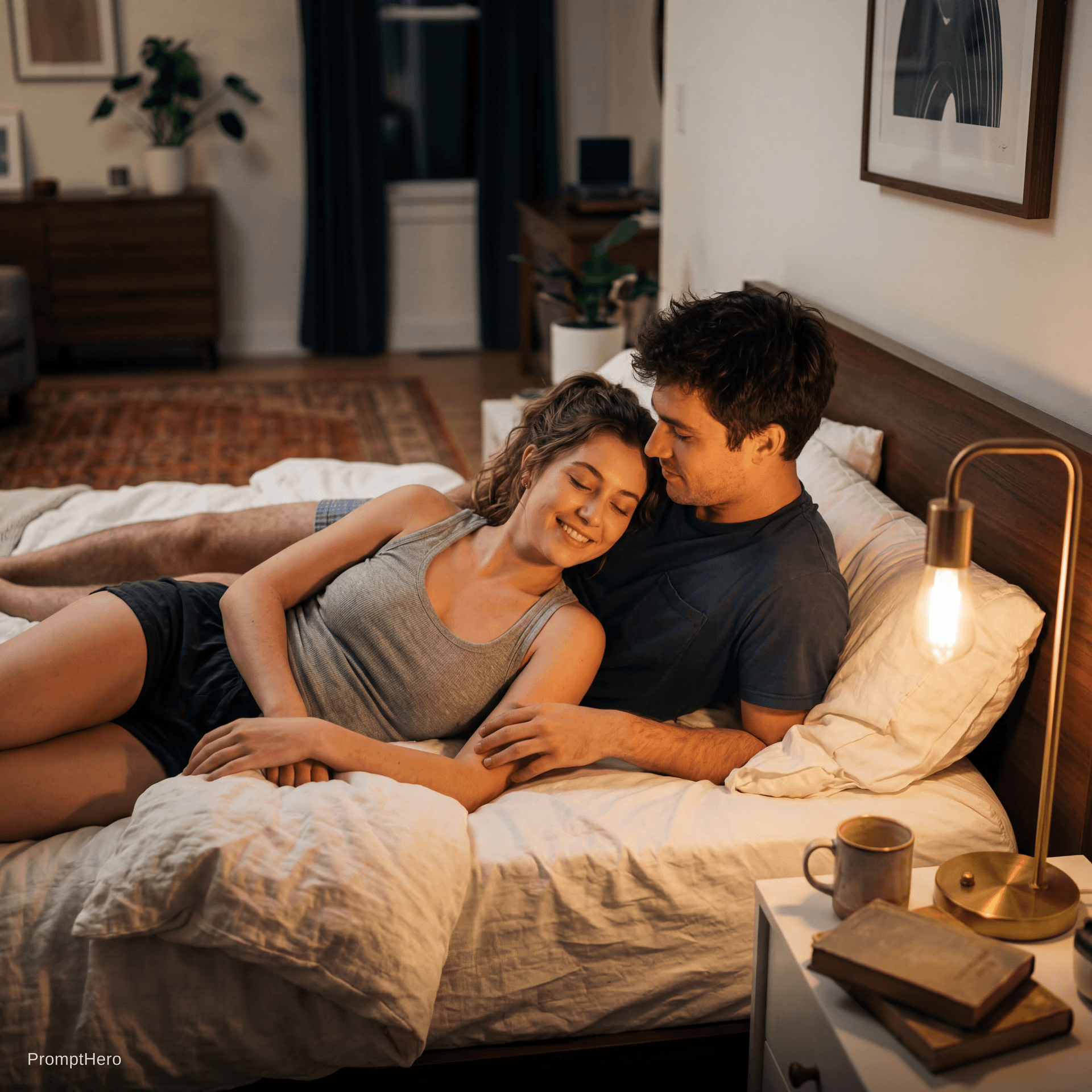 AI generated: Ultra realistic 8K cinematic scene of a young couple lying relaxed on a cozy bed in a softly lit bed...