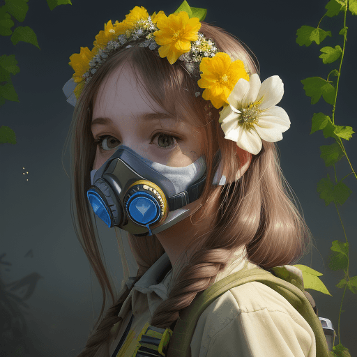 AI generated: 1 girl, transparent respirator on face, flowers growing out of girl's mouth, flowers coming down her...